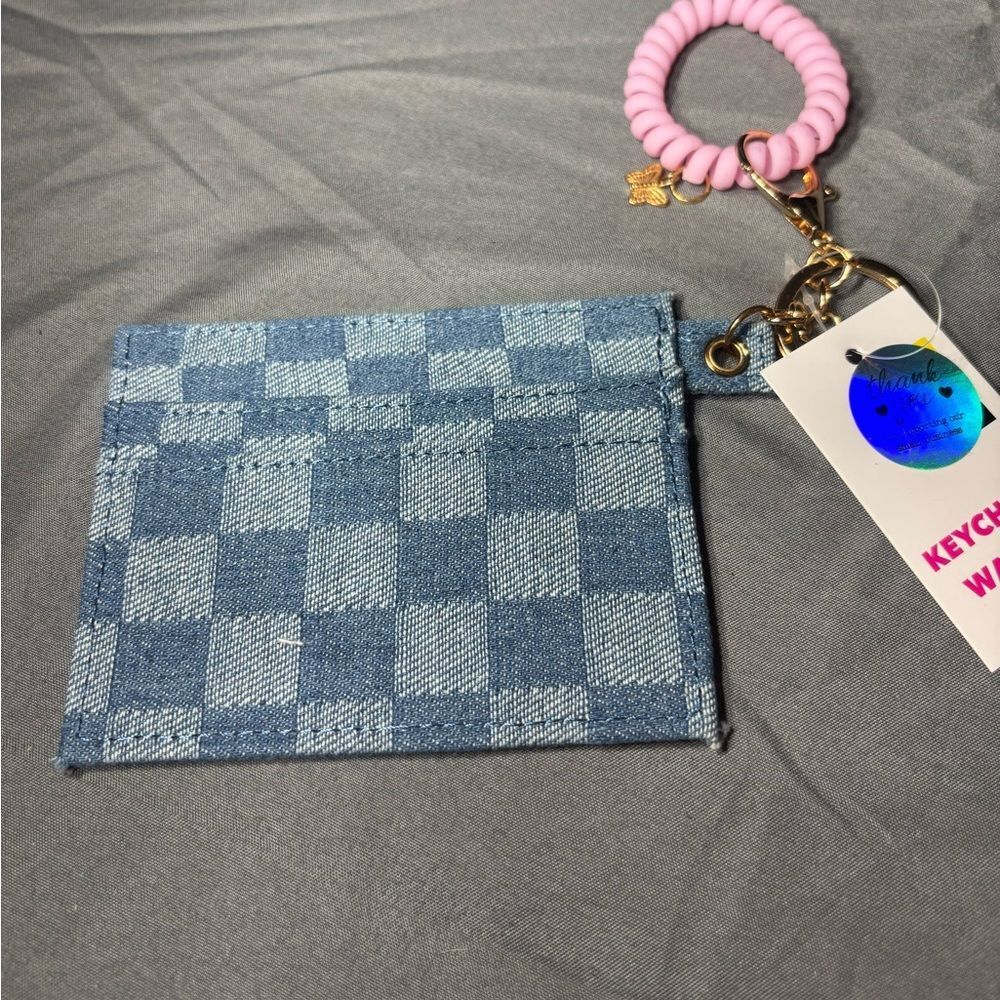 New Blue Checkered Card Holder Wristlet Keychain